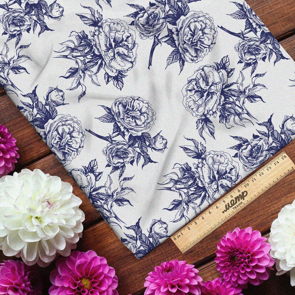 Ткань блэкаут синие контуры цветов