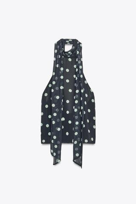 ZARA ТОП В ГОРОШЕК С ГОРЛОВИНОЙ ХАЛТЕР, МОРСКОЙ ТЕМНО-СИНИЙ