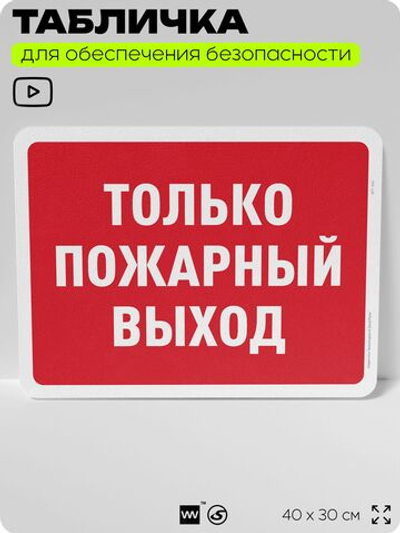 Табличка для обеспечения безопасности "Только пожарный выход", для офиса, по охране труда для предприятия, организаций, 40х30 см, Silver Plane x Айдентика Технолоджи