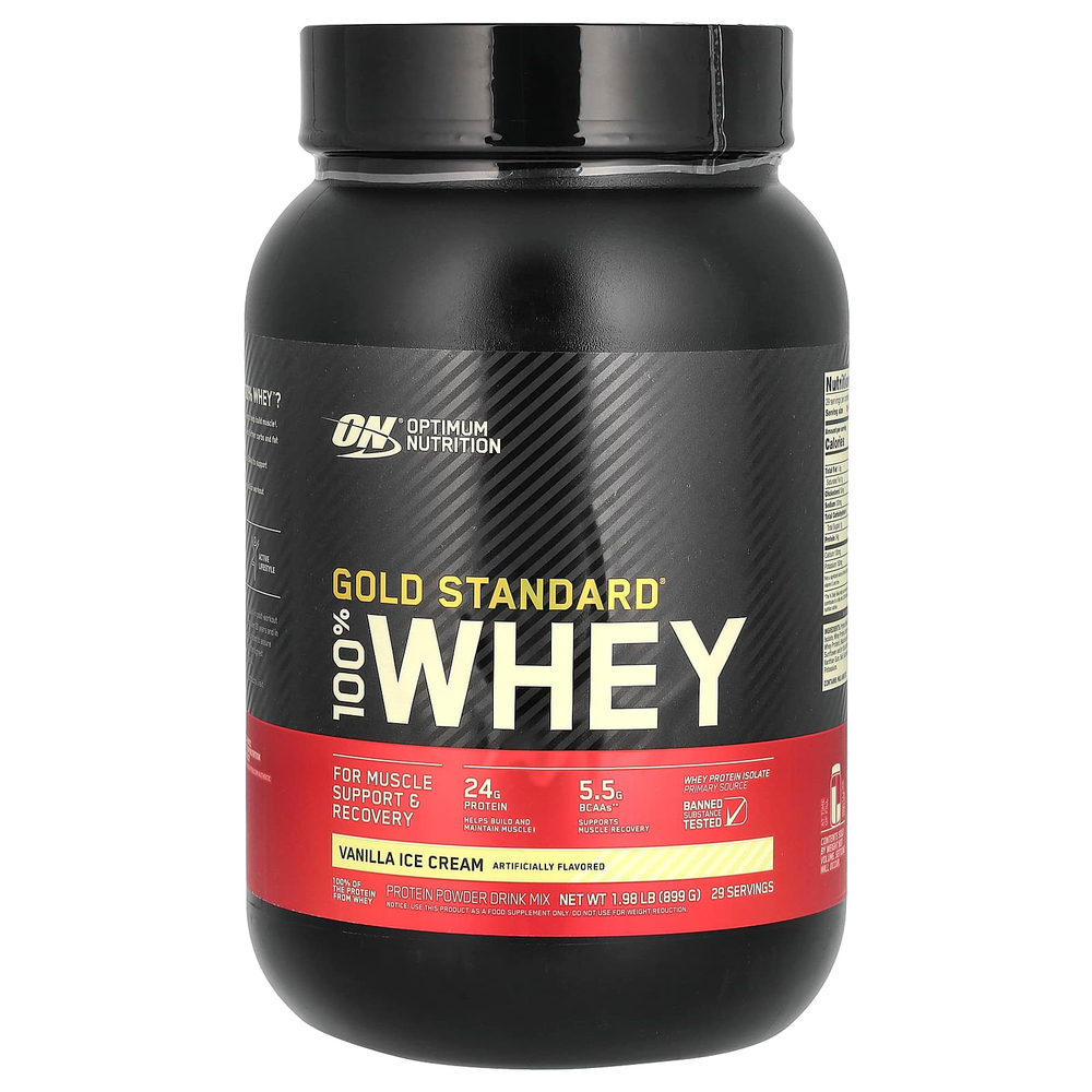 Optimum Nutrition, Gold Standard 100% Whey, сыворотка, ванильное мороженое, 907 кг (2 фунта)