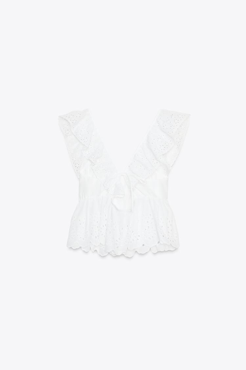 ZARA ТОП С ОБОРКАМИ И АЖУРНОЙ ВЫШИВКОЙ, БЕЛЫЙ