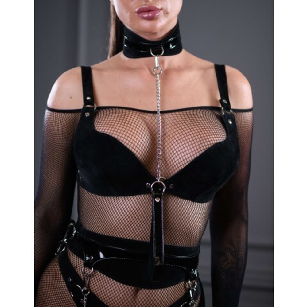 Ошейник кожаный с поводком BDSM Арсенал Sex Game, черный замшевый