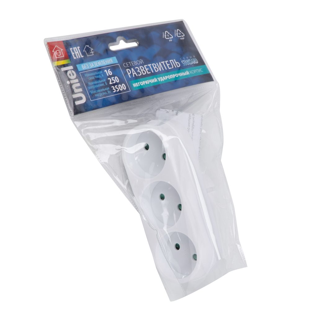 S-ES3-16O WHITE Разветвитель сетевой. б-з. 3 гнезда. 16А. 3500Вт. Белый. ТМ Uniel