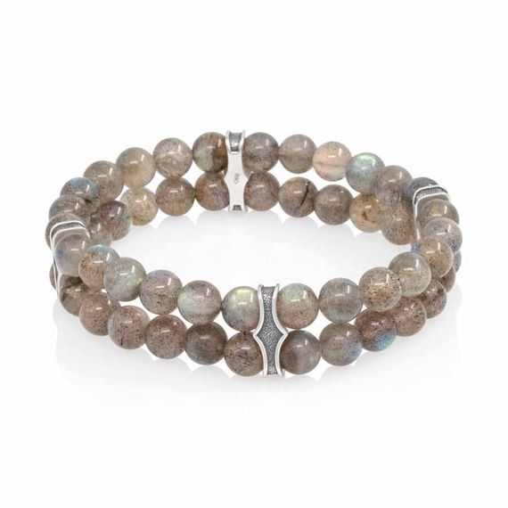 Двойной браслет из лабрадора 6 мм с шармами из серебра, вид 1