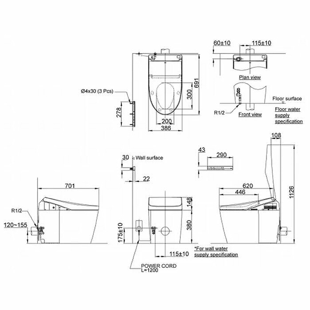 Крышка-биде Toto Neorest TCF9788WG#NW1 Белая с Микролифтом схема