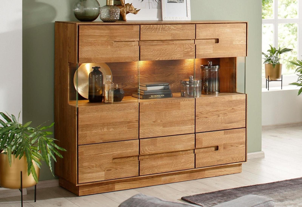 Шкаф витрина, 140х42х120, Паво, стеклянная, из массива дуба с подсветкой, буфет для посуды и книг, MAKOSA