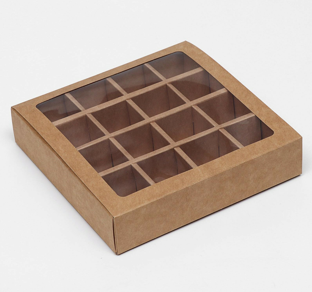 Коробка для 16 конфет с окном КРАФТ 18х18х4см