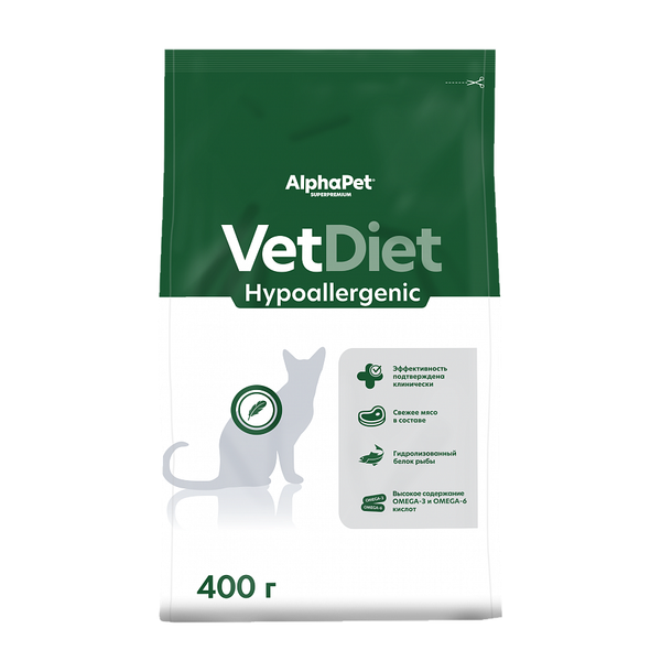 Сухой диетический корм AlphaPet VetDiet HYPOALERGENIC для взрослых кошек и котов при пищевой аллергии и непереносимости ингредиентов