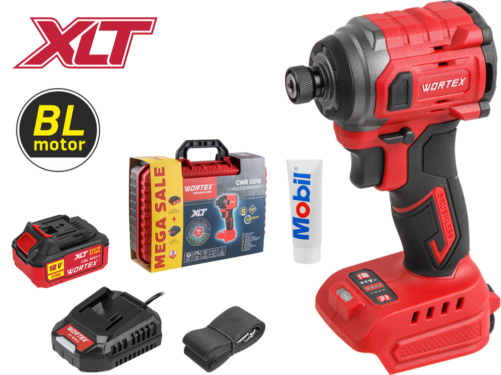 Гайковерт ударный аккумуляторный (импакт) WORTEX CWR 0218 в кейсе. (220 Н*м, внутренний шестигранник 1/4, в комплекте 1 АКБ 18В*4 А*ч + зарядка)