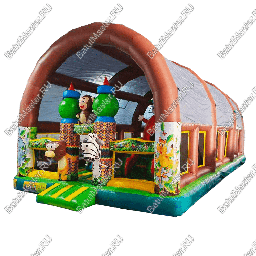 Надувной батут «Зверята с крышей 3» со скалодромом, с коричневый, 14х7х6 м