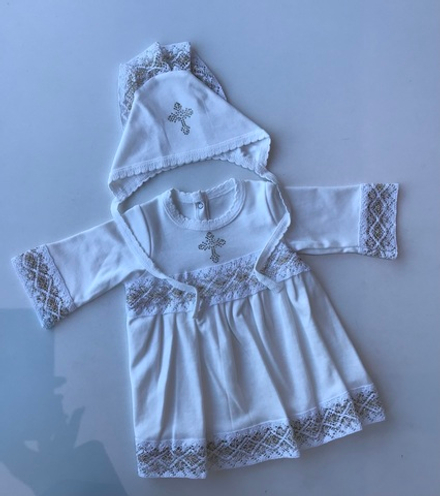 Платье крестильное с золотой тесьмой с чепчиком (Малышеево) Арт. 1003И (Размер: 80)