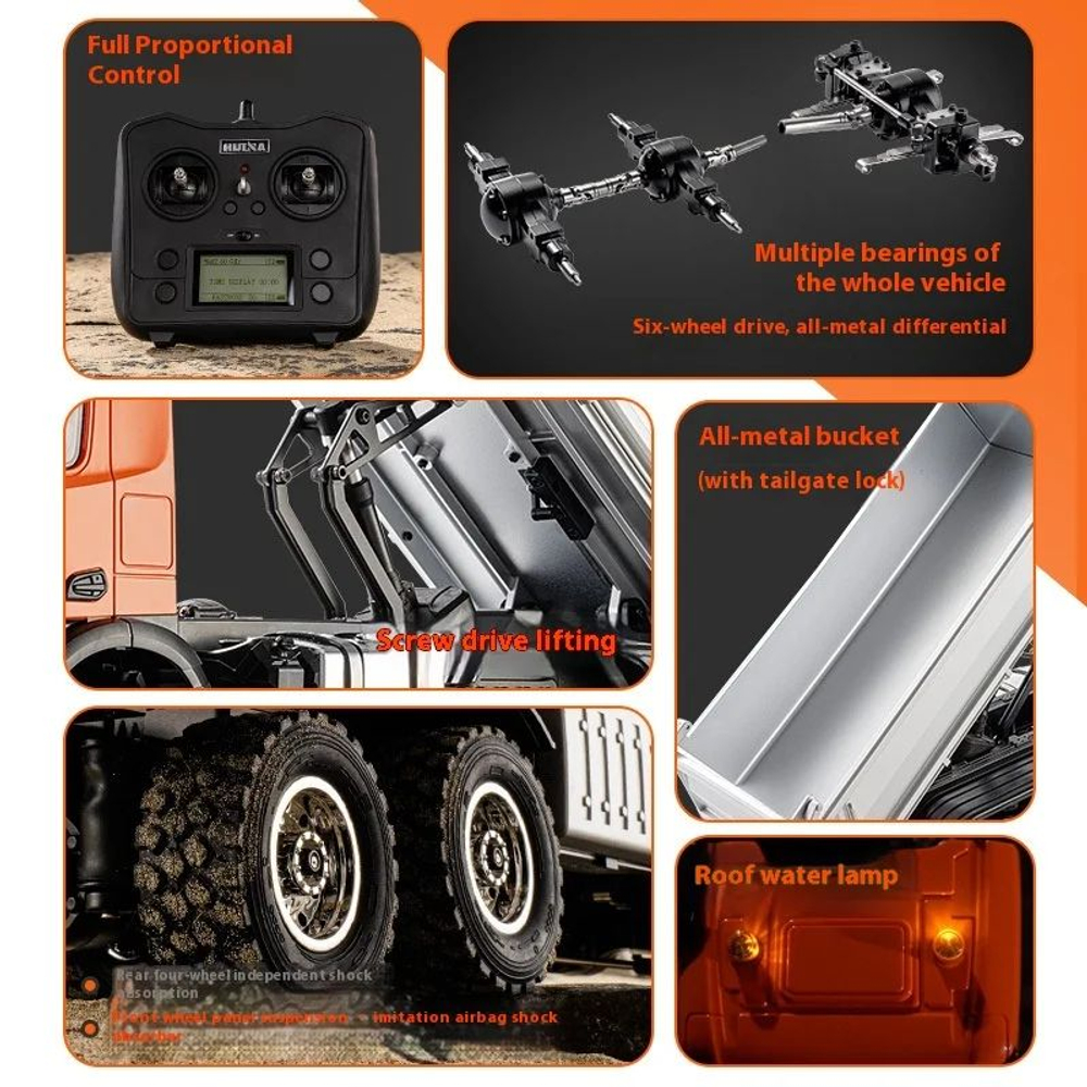 Радиоуправляемый самосвал HUINA HN1598 масштаб 1/14 , 2,4 ГГц , 6WD, 14-канальная радиоуправляемая модель самосвала , металл , новинка 2024г