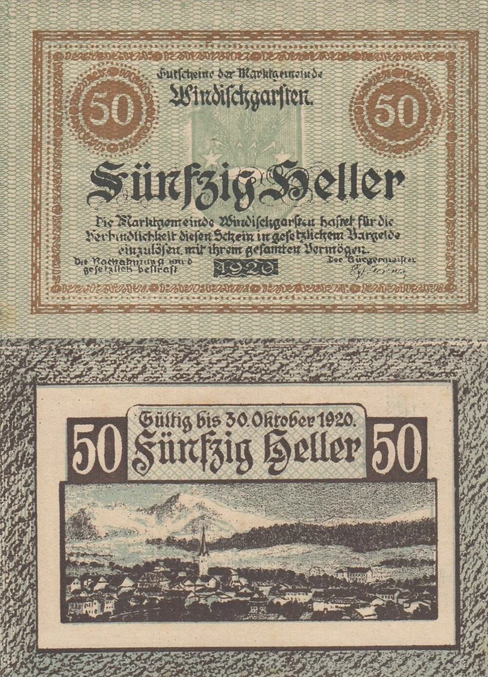 Австрия 50 геллеров 1920 Виндишгарстен aUNC