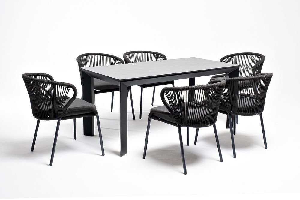 "Венето" обеденная группа на 6 персон со стульями "Милан", каркас темно-серый, роуп темно-серый