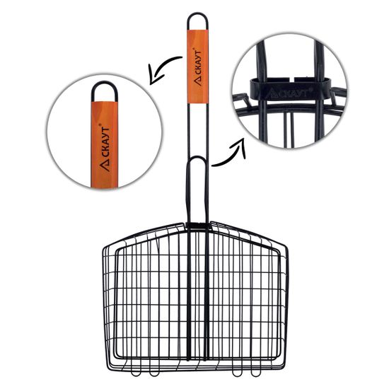 Решетка для гриля глубокая 30,5х24х5 см с антипригарным покрытием СКАУТ СК-0740 с деревянными ручками