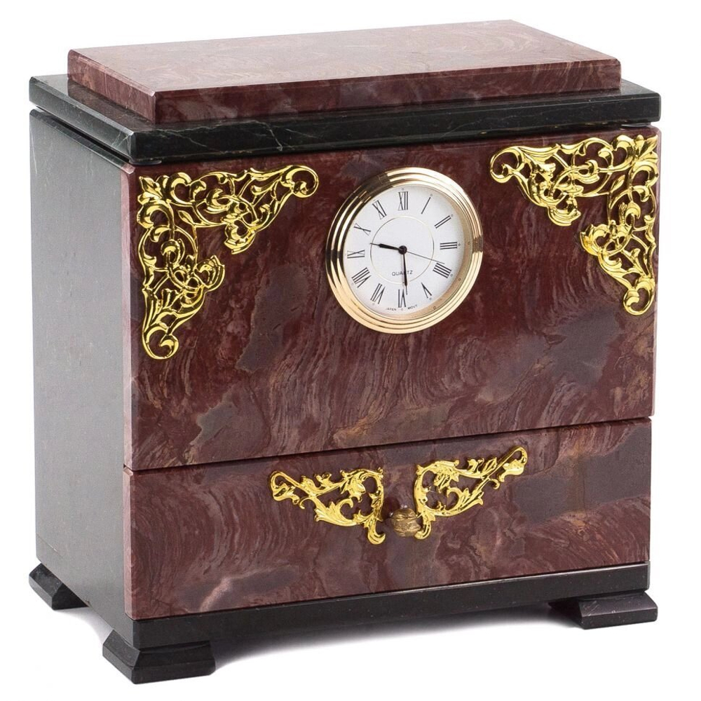 Настольный ларец с часами из камня лемезит и змеевик