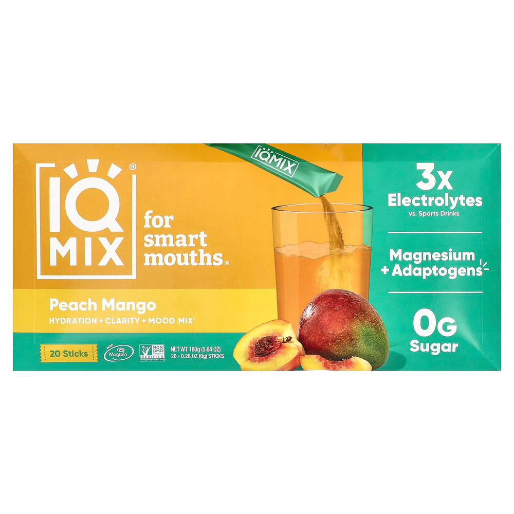 IQBAR, IQMIX®, смесь для увлажнения, чистоты и настроения, персик и манго, 20 стиков по 8 г (0,28 унции)