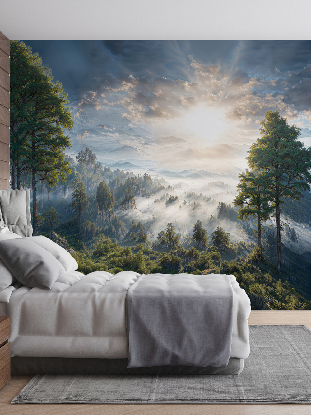 3D Фотообои утренний лес в тумане и горы