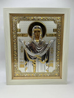 Покрова БМ, икона прямоугольная в рамке под стеклом, белое дерево, 232х280