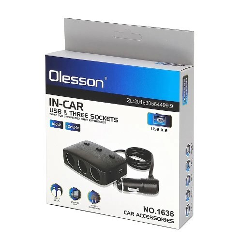 Разветвитель прикуривателя 3 гнезда + 2 USB порта, с выключателем (Olesson)