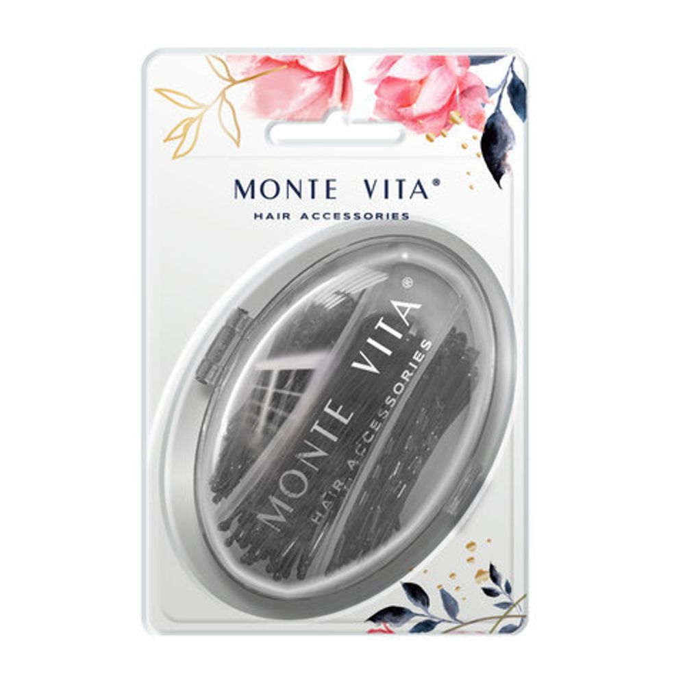 Невидимки для волос НАБОР 60 шт., 4,5 см, 5 см, 6 см, в кейсе, чёрный, MONTE VITA, 457102