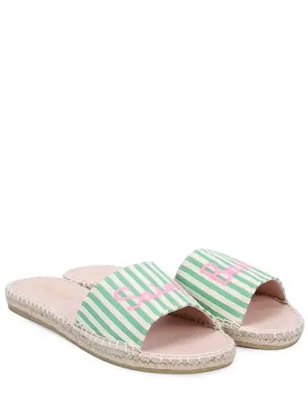 Шлепанцы жен. MC Saint Barth LUZ STRIPES 57 зеленая полоска лого розовым