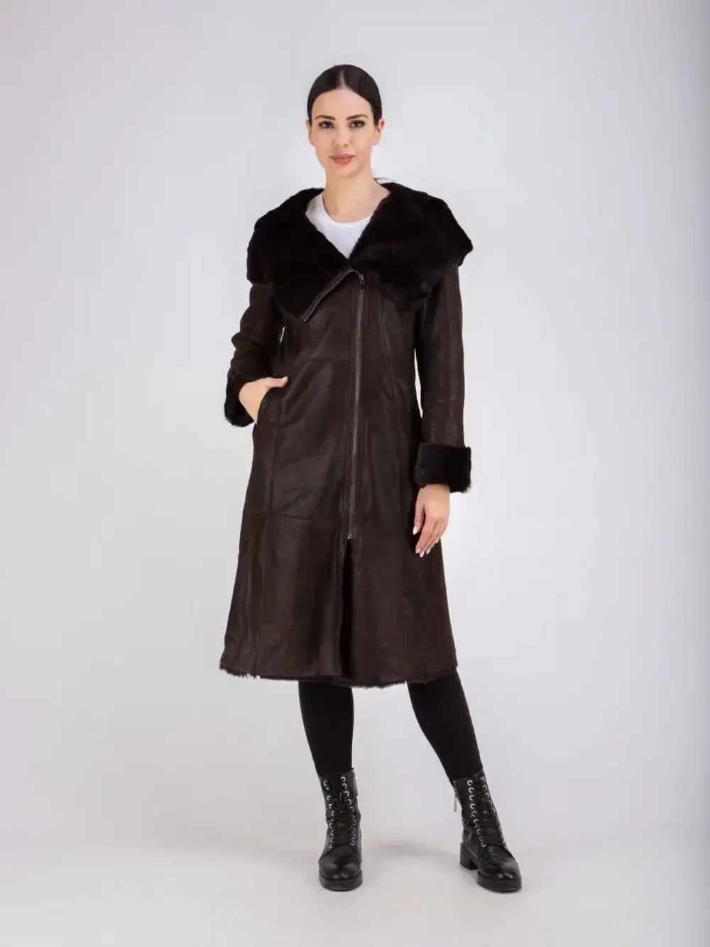 Дубленка женская зима натуральная длинная с капюшоном Турция