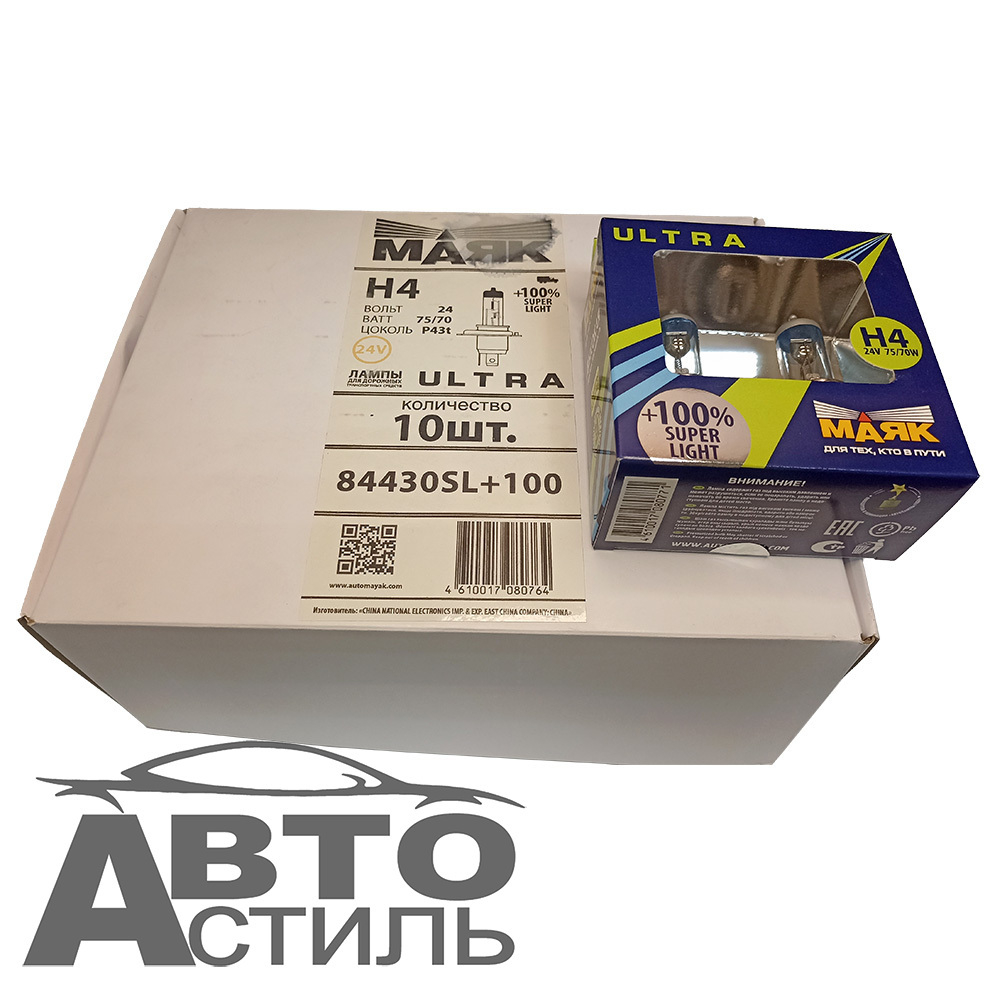 Автолампа H4 24V 75/70W P43t Маяк +100% Super Light 84430SL+100 (к-т)