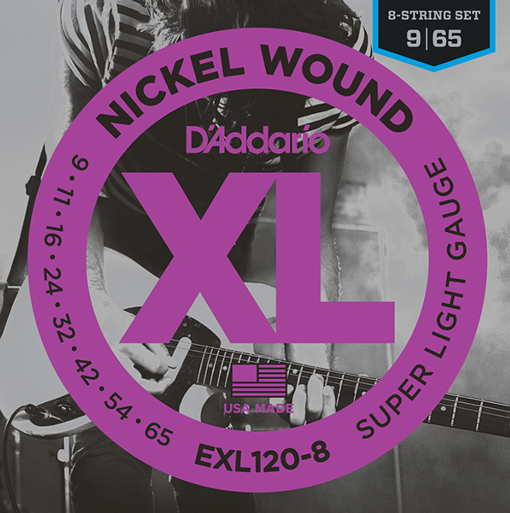 D`ADDARIO EXL120-8 Nickel Wound Комплект струн для 8-струнной электрогитары, Super Light, 9-65.