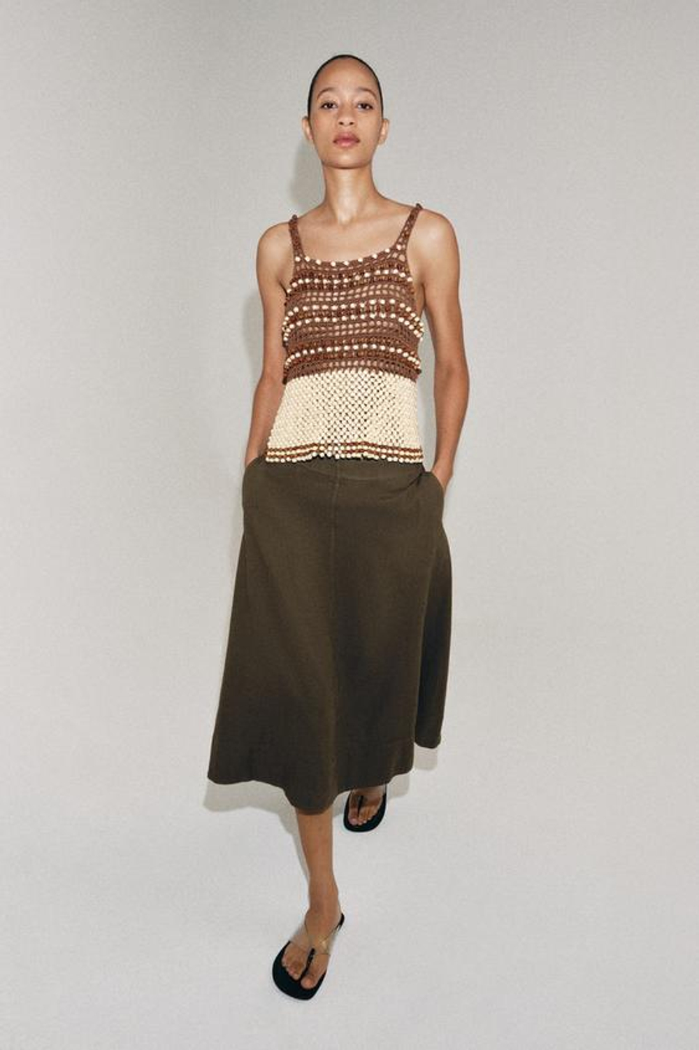 ZARA ЮБКА МИДИ ИЗ СМЕСОВОГО ЛЬНА — ZW COLLECTION, СЕРО-КОРИЧНЕВЫЙ
