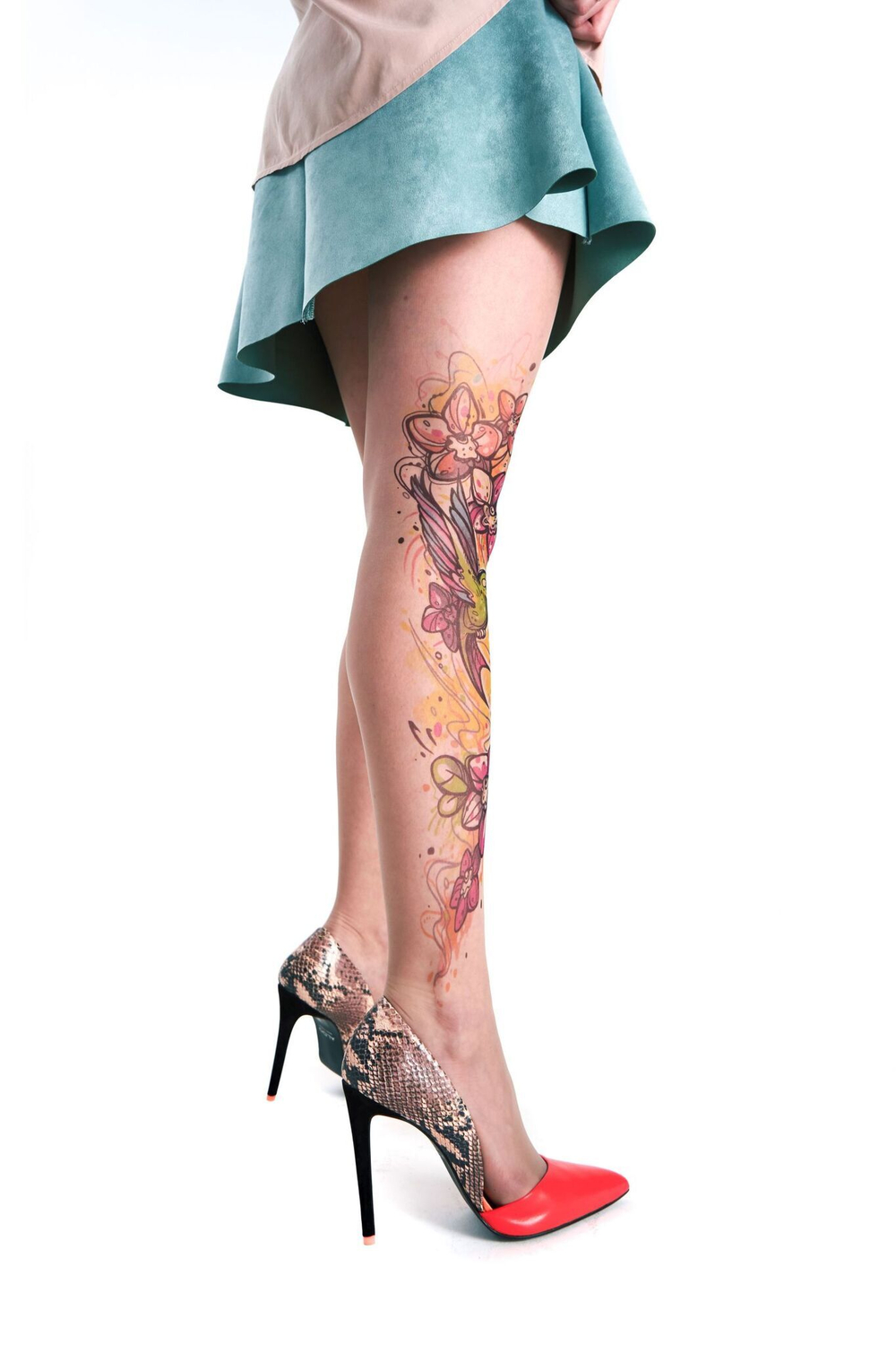 Колготки +size с принтом в виде колибри у цветов (Размер: XL-XXL) (Цвет: бежевый)