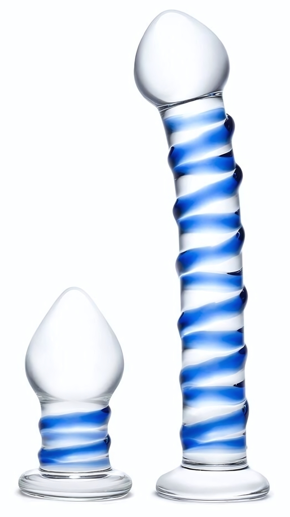 Набор из 2 стеклянных игрушек с синей спиралью Swirly Dildo & Buttplug Set (Цвет: прозрачный)