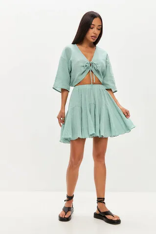 Юбка мини из хлопка stone wash мятного цвета