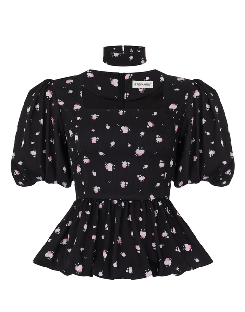 Топ из шёлка рукав фонарик Rose, черный