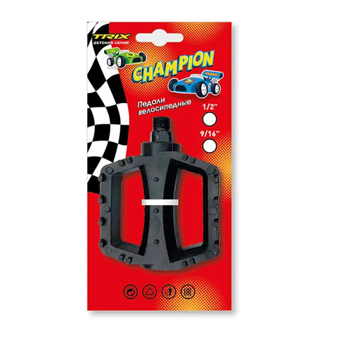 Педали детские TRIX Champion, пластиковые, 100x80мм, резьба 1/2", с шипами, черные (60)