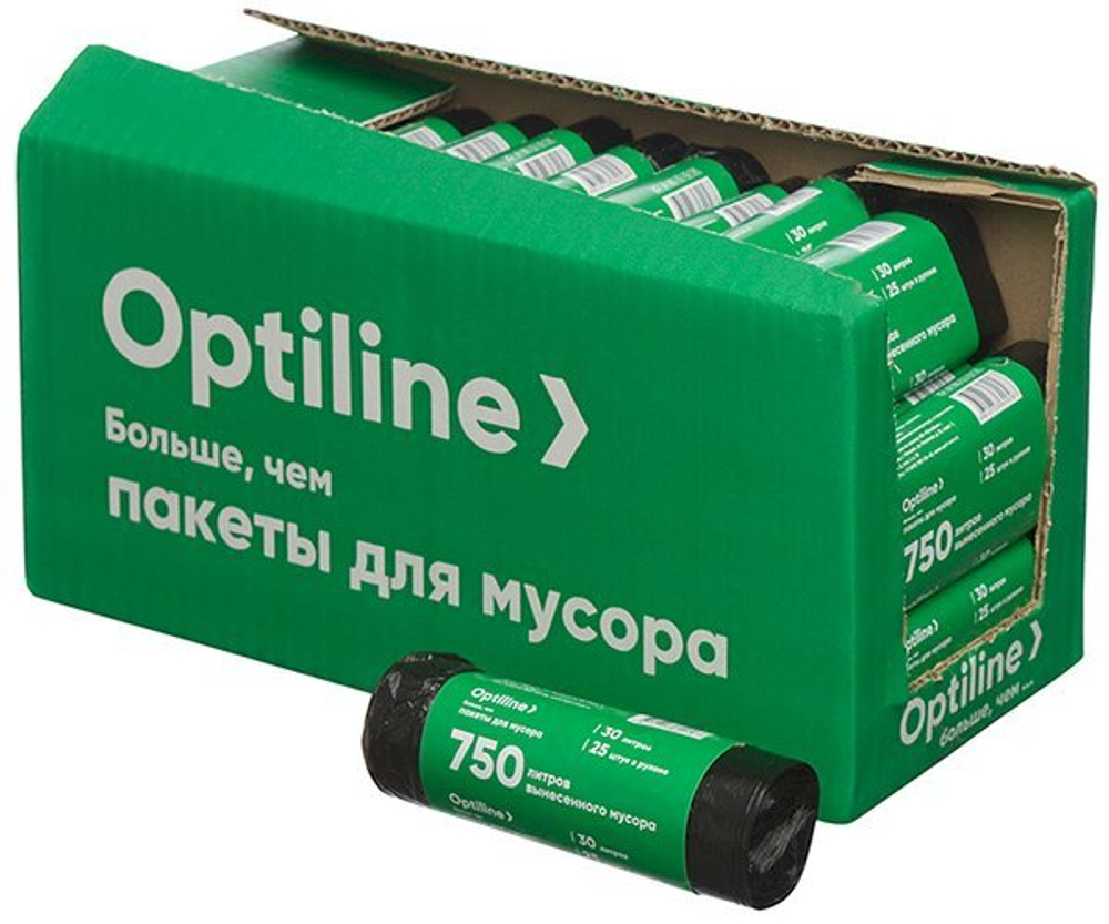 Мешки для мусора Optiline, 30 литров, 50х60 см, ПНД, черные, 25 штук в рулоне