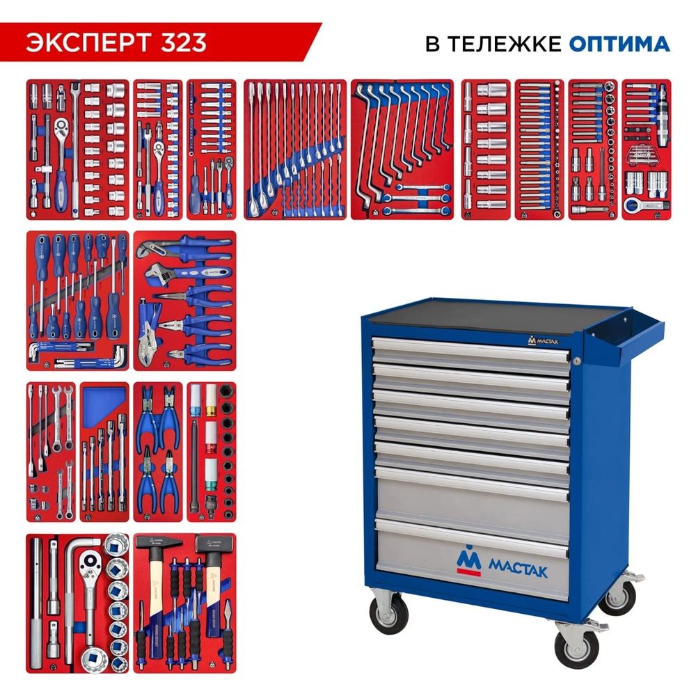 МАСТАК (52-07323B) Набор инструментов "ЭКСПЕРТ" в синей тележке, 323 предмета