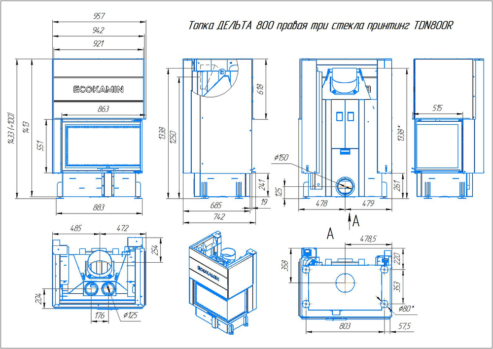 Каминная топка Экокамин ДЕЛЬТА 800 R два стекла правая принтинг