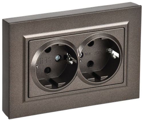 BRITE Розетка 2-местная с заземлением с защитными шторками плоская 16А в сборе РСшПл12-3-БрТБ темная бронза IEK