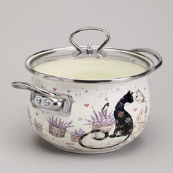 КАСТРЮЛЯ AGNESS ЭМАЛИРОВАННАЯ СО СТЕКЛЯННОЙ КРЫШКОЙ СЕРИЯ "LAVENDER CATS", 2,0 Л ДИА. 18СМ