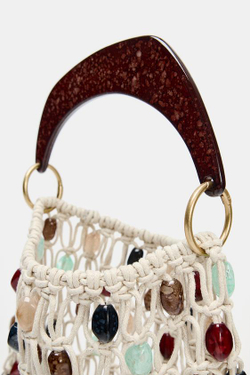 ZARA СУМКА-МЕШОК С БУСИНАМИ, СВЕТЛО-БЕЖЕВЫЙ