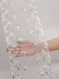 Вышивка на сетке белая с желтым голубым и розовым неэластичная ширина 24 см