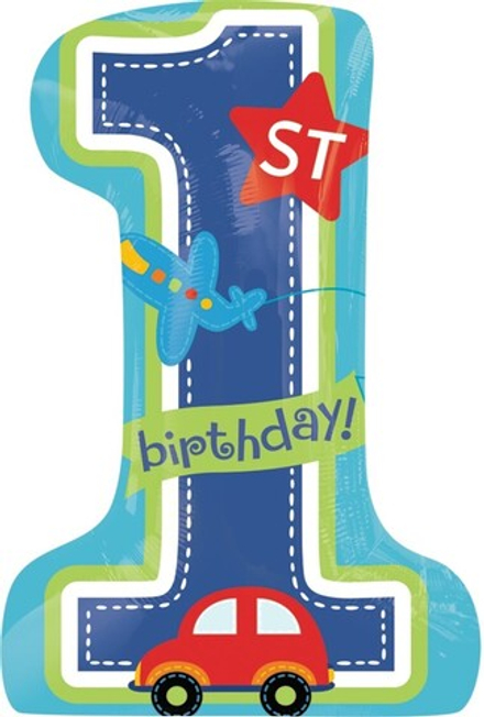 Воздушный шар с клапаном (16''/41 см) Цифра, Первый ДР Мальчика, Голубой