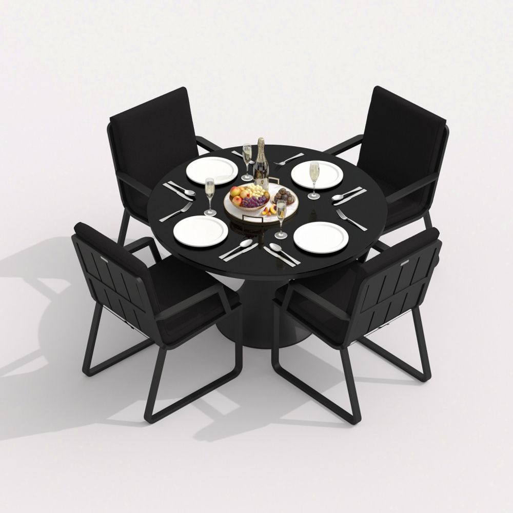 Обеденная группа Ideal Patio ДИВА АЛЬБА  каркас карбон, стол стекло диа 110, ткань черная