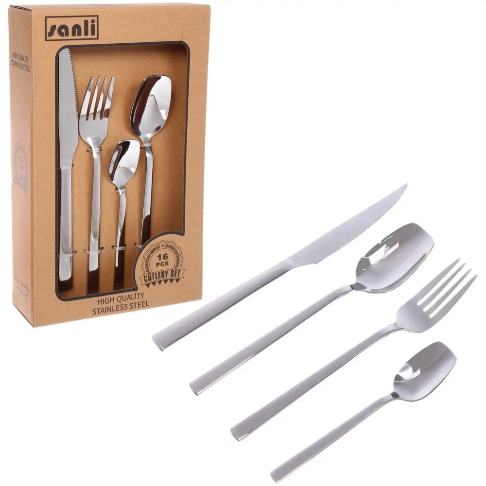 Набор столовых приборов «SANLI» 16шт (4ножа, 4вилки, 4ст.ложки, 4ч.ложки), цвет серебро, прямой