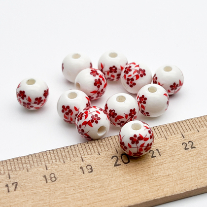 Бусины Шар с цветами, керамика, цвет бордовый+красный, размер около 10 мм, цена за 1 шт