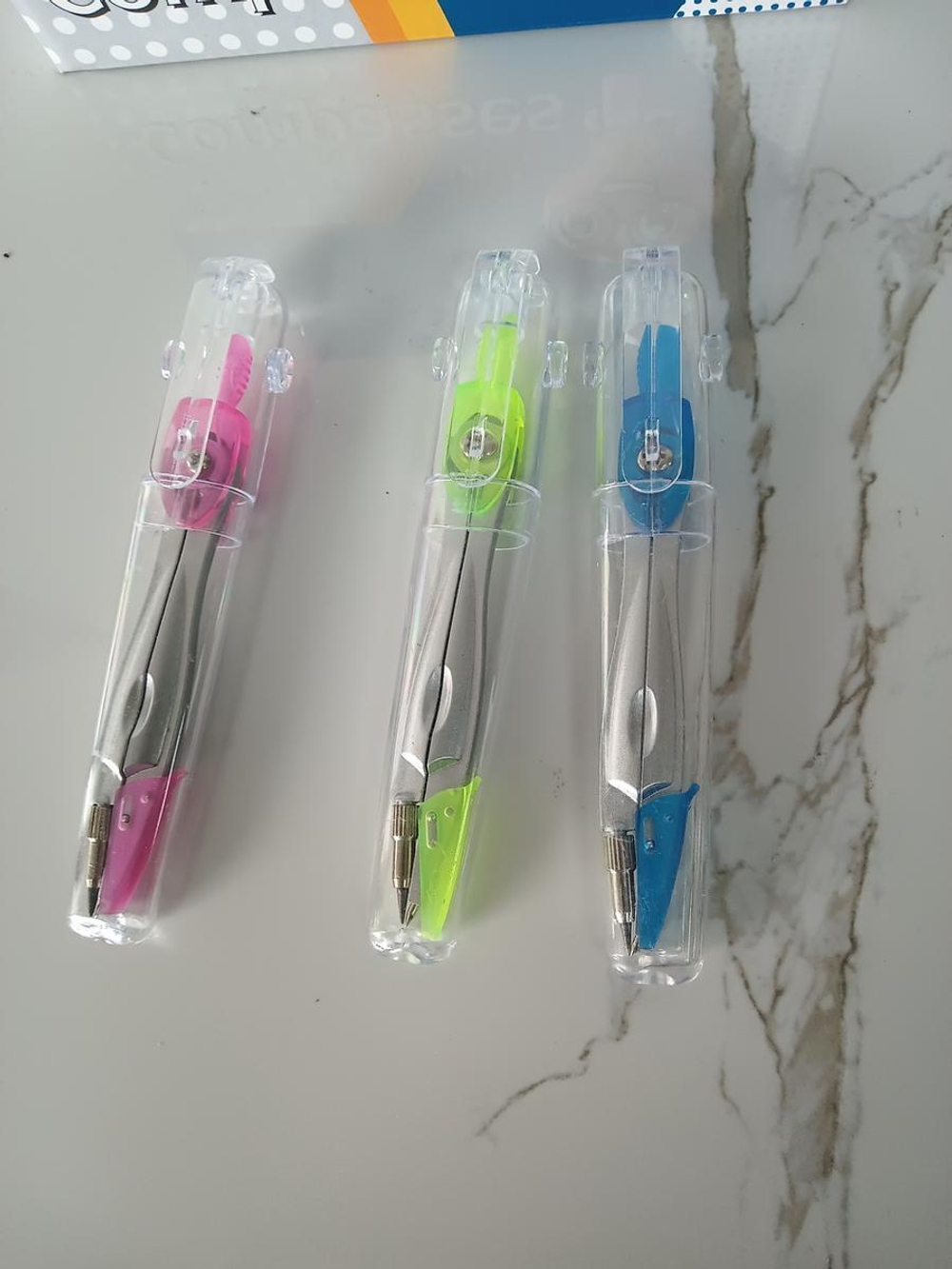 Циркуль с защитным колпачком, пластиковый футляр, 3 цвета микс