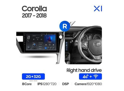 Магнитола Teyes X1 2-32 Wi-Fi + 4G Toyota Corolla 11 2017 — 2018 (правый руль) 10.2"