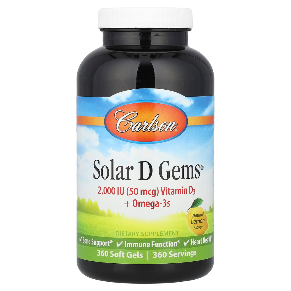 Carlson, Solar D Gems, витамин D3 + омега-3 кислоты, натуральный лимонный вкус, 2000 МЕ, 360 мягких таблеток