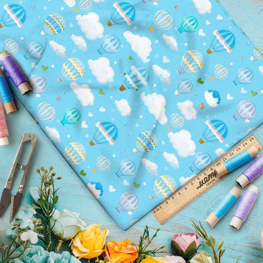 Ткань премиум сатин воздушные шары на голубом